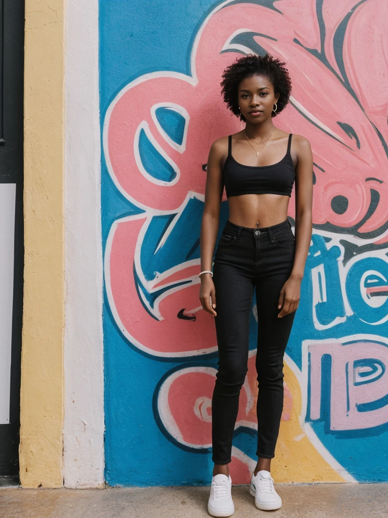 her name is Jamila, high quality, 1girl, ((20-year-old fit black woman)), ((25 years old)), ((slim)), short bob, pose: standing, wearing stylish fashionable Generation-Z modern wear different colored, BACKGROUND: outside: At Bondi Beach, where surfers ride waves against a backdrop of vibrant street art, cafes buzz.