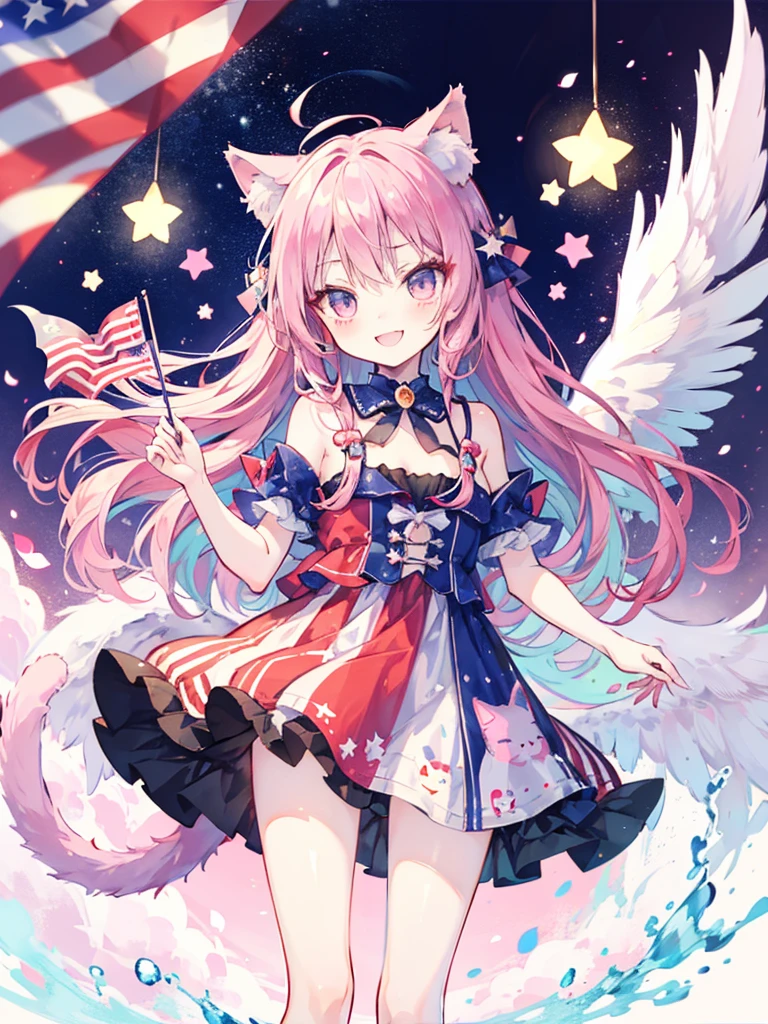 anime-style,chibi character,hyper,detailed American flag patterned angelic clothing,Fourth of July,mega cute,
shota,cat ears tail,pink long hair,Spiral halo,angel-wing,laugh,