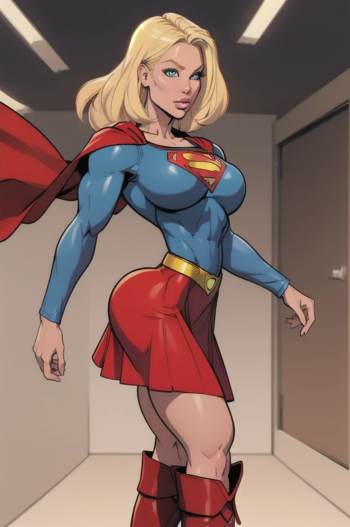 Young female, with blonde hair, wearing a tight blue long-sleeved shirt with the Superman symbol on the chest, defined breasts, wearing a red skirt and red boots, usando uma capa vermelha e voando no céu 