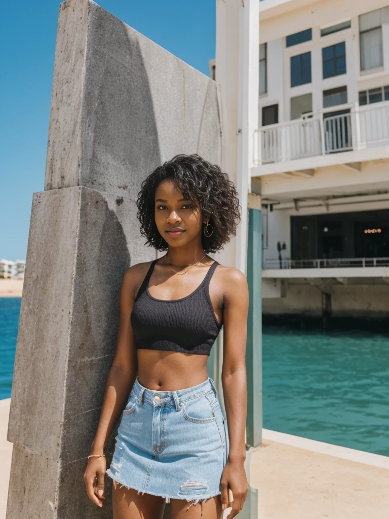 her name is Jamila, high quality, 1girl, ((20-year-old fit black woman)), ((25 years old)), ((slim)), short bob, pose: standing, wearing stylish fashionable Generation-Z modern wear different colored, BACKGROUND: outside: At Bondi Beach, where surfers ride waves against a backdrop of vibrant street art, cafes buzz.