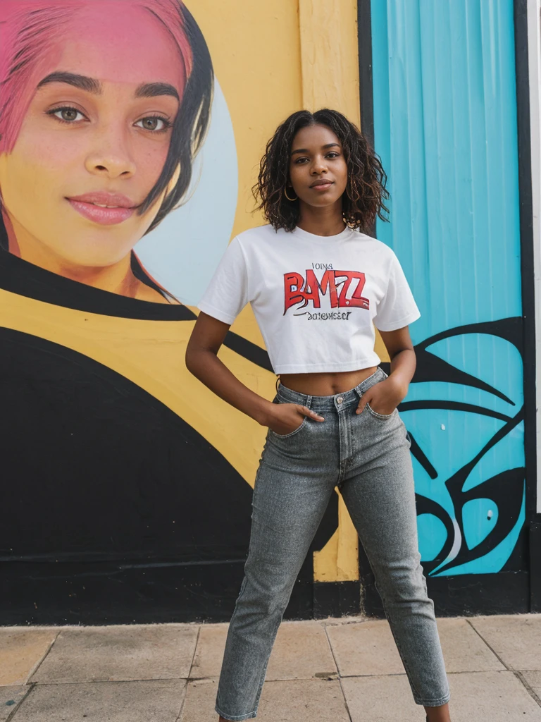 her name is Jamila, high quality, 1girl, ((20-year-old fit black woman)), ((25 years old)), ((slim)), short bob, pose: standing, wearing stylish fashionable Generation-Z modern wear different colored, BACKGROUND: outside: At Bondi Beach, where surfers ride waves against a backdrop of vibrant street art, cafes buzz.
