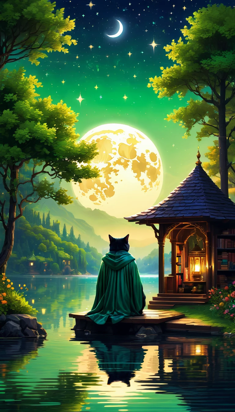 (Pixel Art:1.3), (Solitary:1.3), Bringing wisdom to life (((Old Cat Wizard)) ((Wear magic robes)) And his big house by the clear lake, Depicts a tranquil setting with lush green surroundings, Reflected on the calm water, Depiction of the saint as an anthropomorphic cat, ((Wearing a robe)), Sitting outside his hut, Surrounded by books and scrolls, It symbolizes his profound knowledge, His eyes sparkle with enchanting light,It implies his wisdom, Aura of Wisdom and Transcendence, The distant moon and stars shine brightly in the night sky