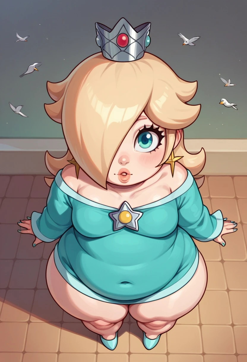score_9, score_8_up, 2D, flat color, thick outlines, 1girl, solo, rosalina, light blue dress, ((chubby body)), ((big thighs)), short stack, ((fat)), Birds Eye view, from above, looking at camera