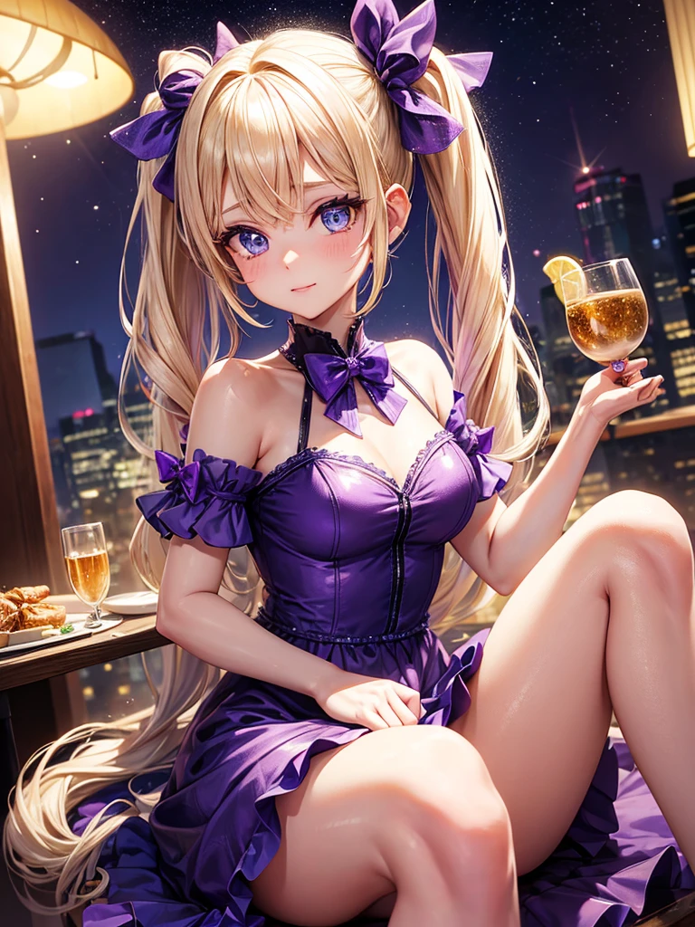 an adult woman, blonde with two pigtails with a purple bow each, purple dress with sparkles and diamonds, short and gala, with an opening in its pirrna, she has blue eyes, is at a late night dinner in a wealthy place