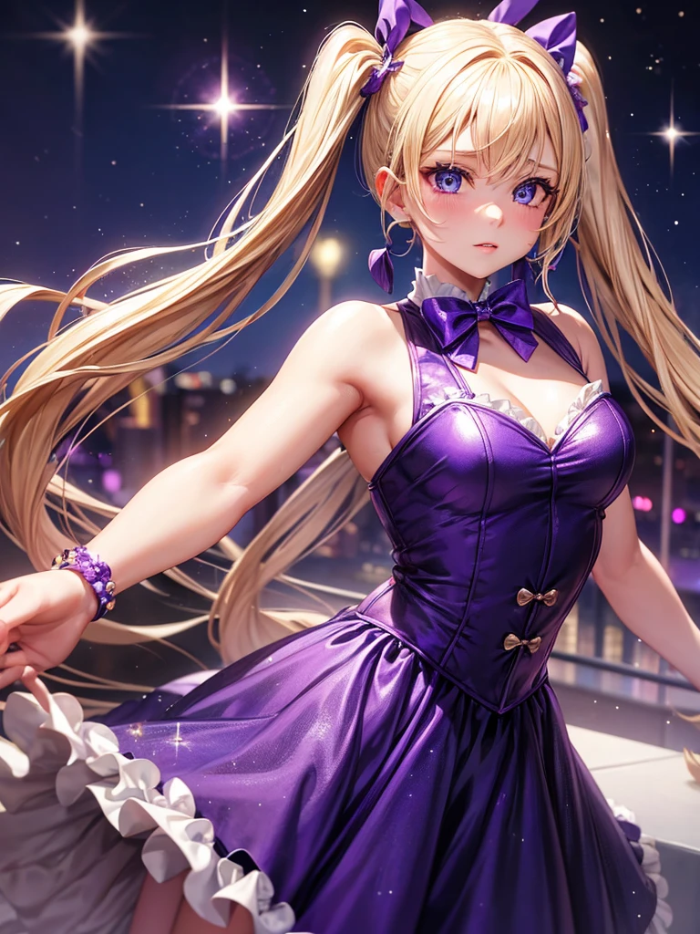 an adult woman, blonde with two pigtails with a purple bow each, purple dress with sparkles and diamonds, short and gala, with an opening in its pirrna, she has blue eyes, is at a late night dinner in a wealthy place