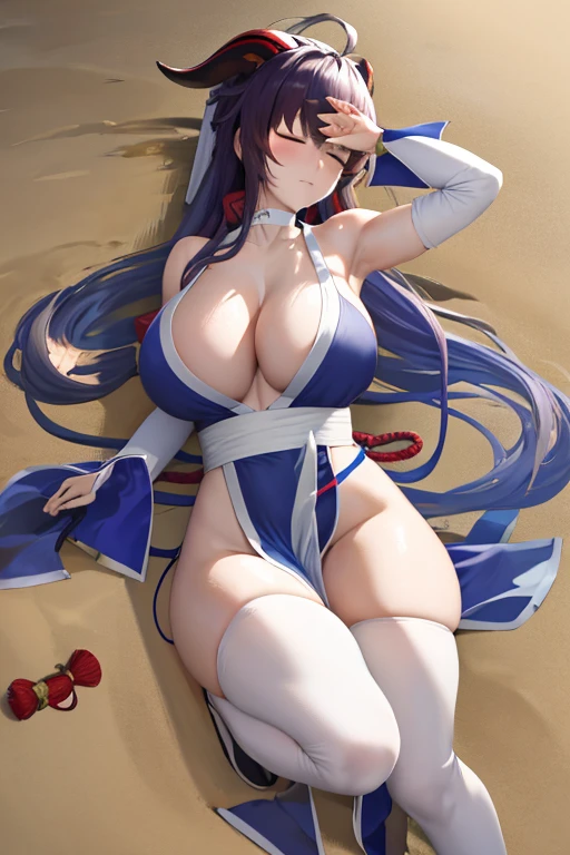 masterpiece, best quality, beautiful art, high resolution, well formed hands, body and fingers, 1 woman, solo, Ganyu , goat horns, hair ornament, adult, grown up, big breasted, cleavage, full body, braided long hair, blue_japanese_clothes, wearing DOA Kasumi's blue kunoichi dress, sexy and skimpy japanese clothes, kimono peek, sleeveless, white stockings, gorgeous legs and thighs,ryona,in peril, she is defeated, knocked out, passed out, closed eyes, exhausted, unconscious, laying down on the sand, extended exposed body, full body on the sand, breathing heavily, sexy smirk on her face, bouncing breasts, sexy defeated pose, defeat and KO scene, fallen beauty, martial arts tournament with beach environment