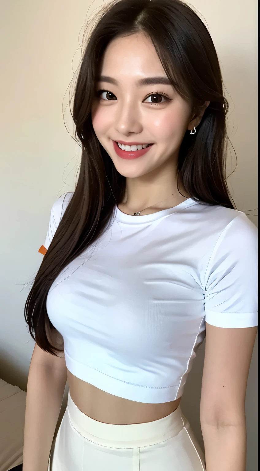 White tight shirt、White tight skinny mini skirt、bed、smile、Short sleeve、high resolution、Korean idol face、double eyelid、White teeth、Medium Hair