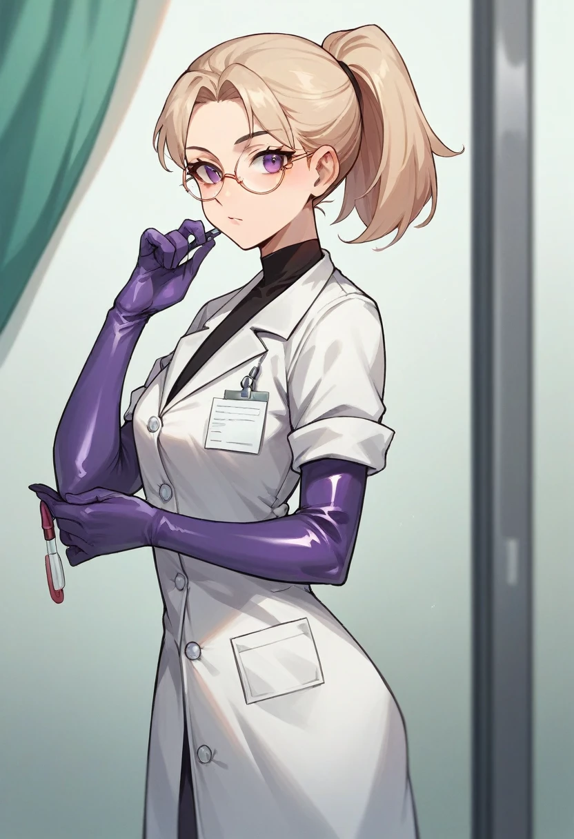 1girl, light hair, ponytail, round glasses ((purple elbow gloves)), ((surgical gloves)), ((latex gloves)), ((long sleeves)) ((surgeon outfit)), looking at viewer, ((doctor)), standing, solo