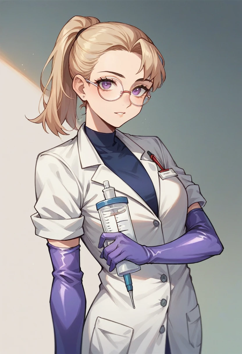 1girl, light hair, ponytail, round glasses ((purple elbow gloves)), ((surgical gloves)), ((latex gloves)), ((long sleeves)) ((surgeon outfit)), looking at viewer, ((doctor)), standing, solo