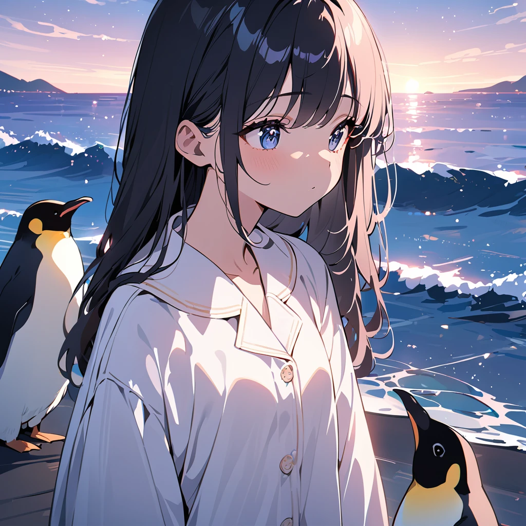 (masterpiece:1.5), best quality, very aesthetic, absurdres, 1girl, high school girl, female, 17 years old, long black hair, hair gently blowing in the wind, calm and gentle expression, light pajamas, white pajamas, standing at the water's edge, looking down at a small penguin, 1 penguin, black and white feathers, small and cute, looking up at the girl with kind eyes, vast night sea, star-filled sky, moonlight softly illuminating the sea, calm night atmosphere, moonlight reflecting on the water, gentle light between the girl and the penguin, mystical ambiance, sharp focus on subjects, vivid colors, anime style, soft light and shadows, serene and enchanting atmosphere