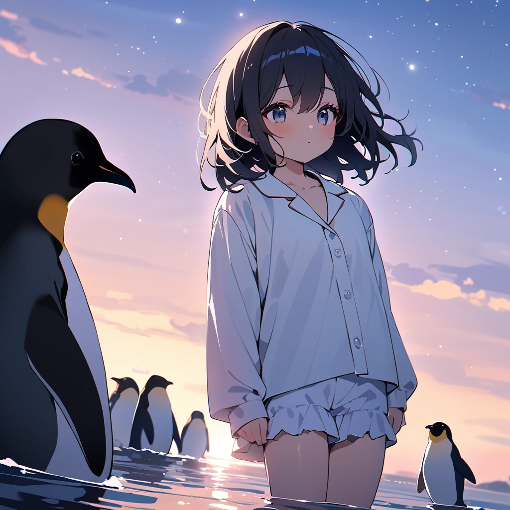 (masterpiece:1.5), best quality, very aesthetic, absurdres, 1girl, high school girl, female, , long black hair, hair gently blowing in the wind, calm and gentle expression, light pajamas, white pajamas, standing at the water's edge, looking down at a small penguin, 1 penguin, black and white feathers, small and cute, looking up at the girl with kind eyes, vast night sea, star-filled sky, moonlight softly illuminating the sea, calm night atmosphere, moonlight reflecting on the water, gentle light between the girl and the penguin, mystical ambiance, sharp focus on subjects, vivid colors, anime style, soft light and shadows, serene and enchanting atmosphere
