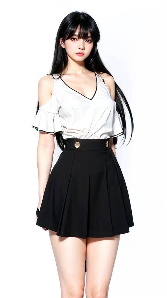 1 girl, long hair, black hair color, black eyes color, white suit, black mini skirt, beautiful girl, adult girl, sexy girl, realistic, ultra detail, 80 mn lens