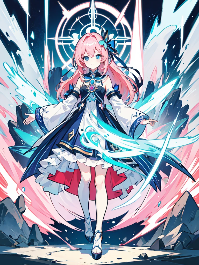 4K, resolution,better quality,artwork,stem,perfect light, perfect lighting, anthropo,shields,perfect colors(illustration:1.3)(ultra detailed:1.3)(tiro imid:0.9)fantasy world girl with colorful hair,1 girl, accessories, detailed clothes, black tights, white and red clothes, pink hair, blue eyes 💙🩵💜🩷🖤✨🦋🪻🪷