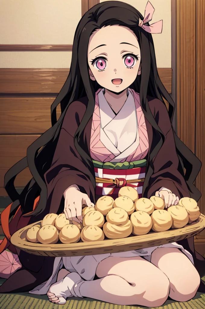 (masterpiece:1.3), (best quality:1.1), (8k, ultra detailed, ultra high res:1.2), ((anime style)), perfect 5 fingers, perfect anatomy,
1girl,
Kamado Nezuko,
BREAK long hair, wavy hair, forehead,
black hair,
pink eyes, empty eyes,
ribbon,
small breasts,
BREAK japanese clothes, pink kimono, brown haori, obi,
smile,
looking at viewer,
BREAK upper body, (eating, cream puff:1.2), sitting, wariza, open mouth,
perfect light, indoor, inside, Japanese-style Room,