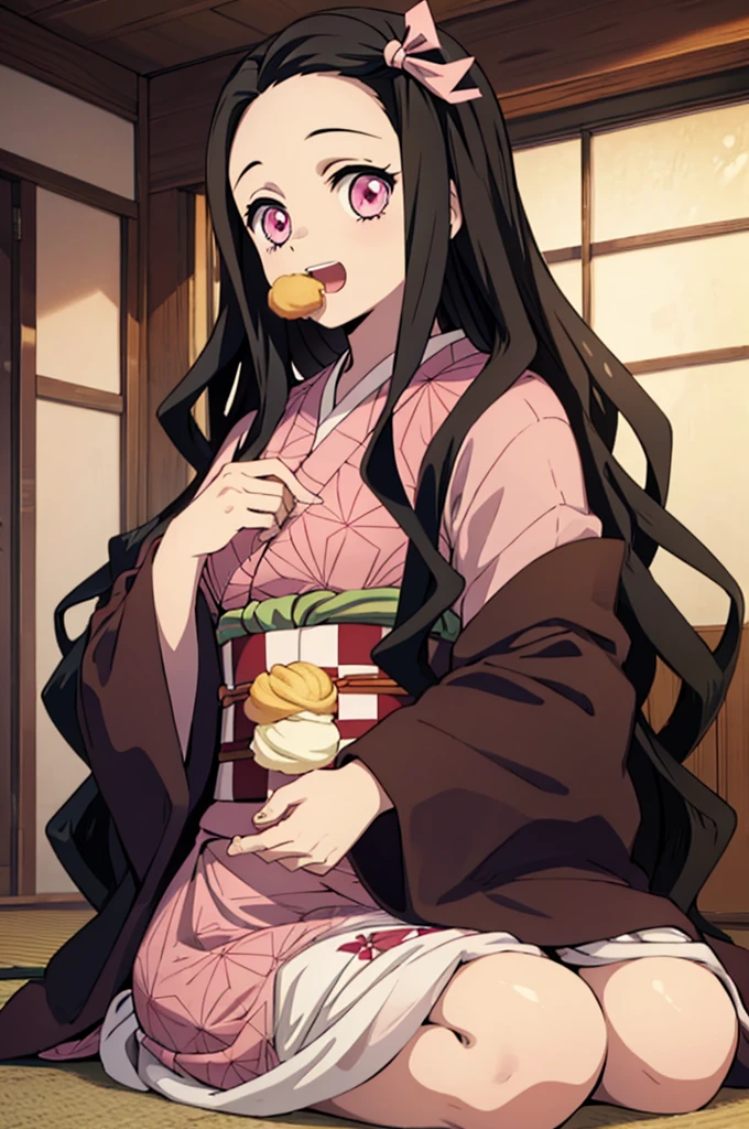 (masterpiece:1.3), (best quality:1.1), (8k, ultra detailed, ultra high res:1.2), ((anime style)), perfect 5 fingers, perfect anatomy, 
1girl,
Kamado Nezuko, 
BREAK long hair, wavy hair,  forehead, 
black hair, 
pink eyes, empty eyes, 
ribbon, 
small breasts,   
BREAK japanese clothes, pink kimono, brown haori, obi, 
smile, 
looking at viewer, 
BREAK upper body, (eating, cream puff:1.2), sitting, wariza, open mouth, 
perfect light, indoor, inside, Japanese-style Room, 