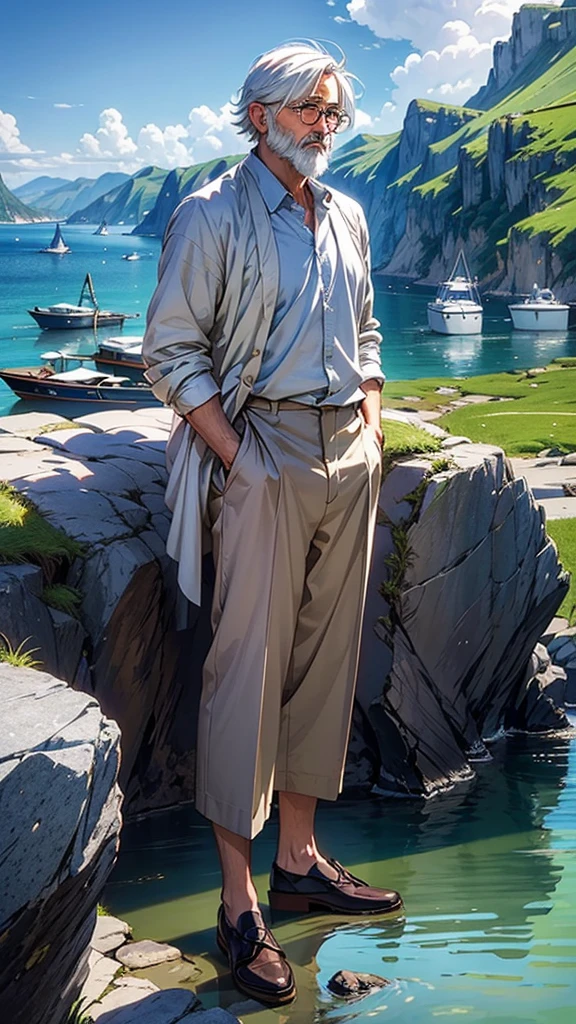 Create a high-quality anime-style image featuring an elderly man standing on a rocky cliff by the sea. The man has white hair, a beard, and is wearing round glasses. He is dressed in a white shirt, beige pants rolled up at the ankles, and white sneakers. His posture is relaxed, with his hands in his pockets, gazing thoughtfully into the distance.
The background consists of a clear blue sky filled with fluffy, white clouds. Below the cliff, there is a calm sea with boats and a small coastal village nestled at the foot of green, mountainous terrain. The scene captures a peaceful, reflective moment, with vibrant colors and detailed shading to emphasize the tranquil and contemplative atmosphere.