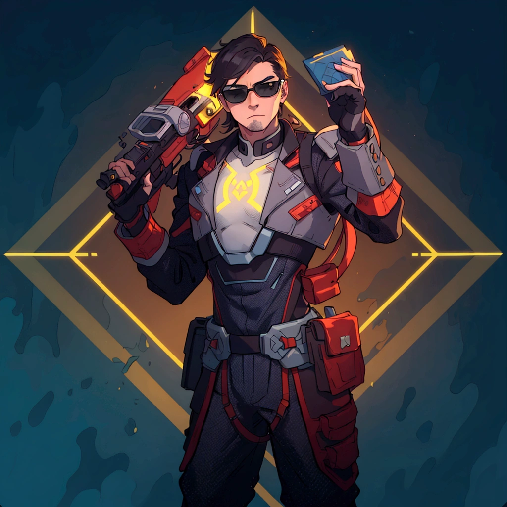 At the center of a vibrant piece of digital art, a male character stands confidently with his hands on his hips. He is adorned in an elegant gray and red suit equipped with a helmet and glasses and on his chest bears the letter M, suggesting that he might be prepared for an adventure or battle. His outfit is completed with a pair of sunglasses, adding to his cool demeanor. In his right hand he holds a gun, ready for action. The background contrasts strikingly with its blue and yellow geometric shapes, enhancing the overall futuristic theme of the image.