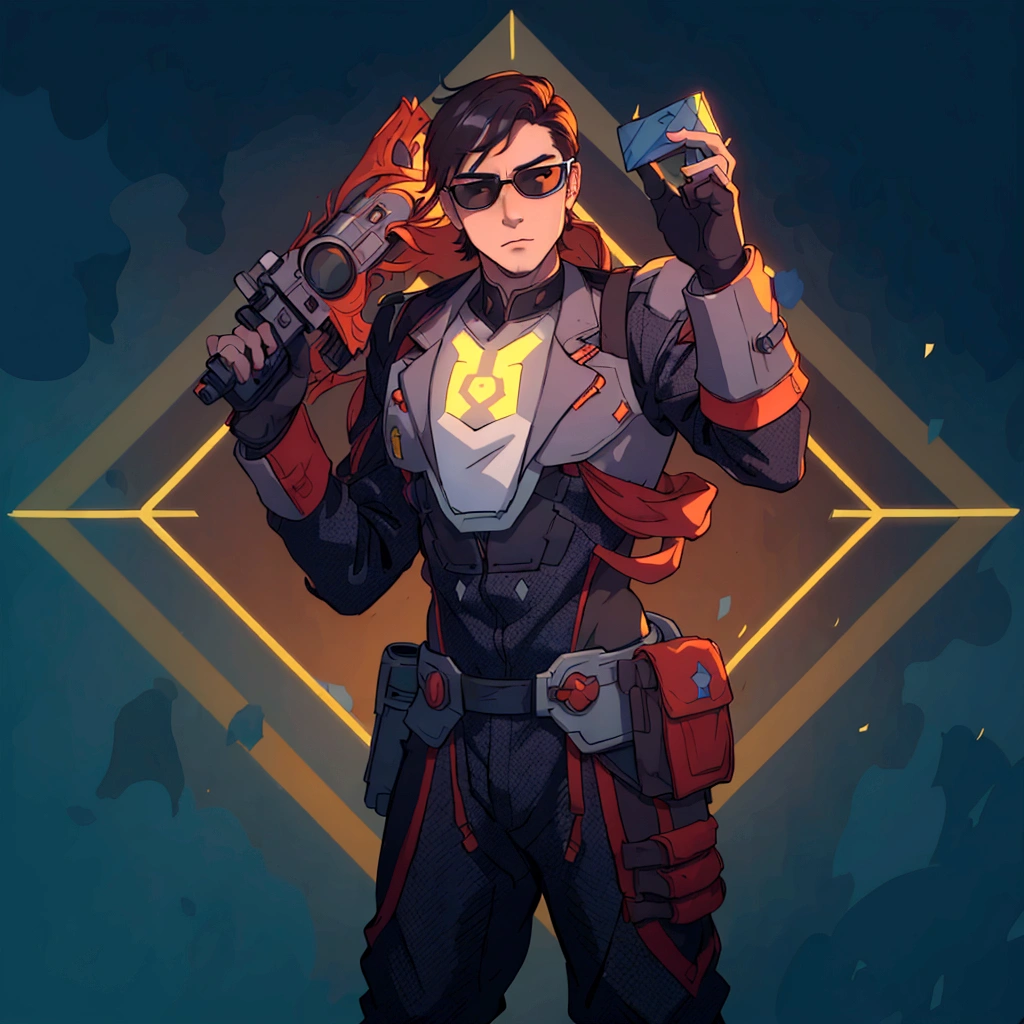 At the center of a vibrant piece of digital art, a male character stands confidently with his hands on his hips. He is adorned in an elegant gray and red suit equipped with a helmet and glasses and on his chest bears the letter M, suggesting that he might be prepared for an adventure or battle. His outfit is completed with a pair of sunglasses, adding to his cool demeanor. In his right hand he holds a gun, ready for action. The background contrasts strikingly with its blue and yellow geometric shapes, enhancing the overall futuristic theme of the image.