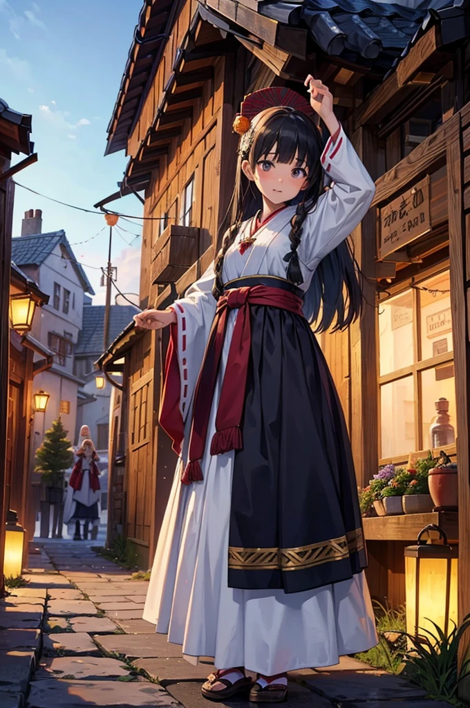 An image of the village celebrating the wise resolution, with villagers in traditional clothing standing and praising Hana's judgment and fairness, with festive decorations. (masterpiece, hd, best quality, 2d
