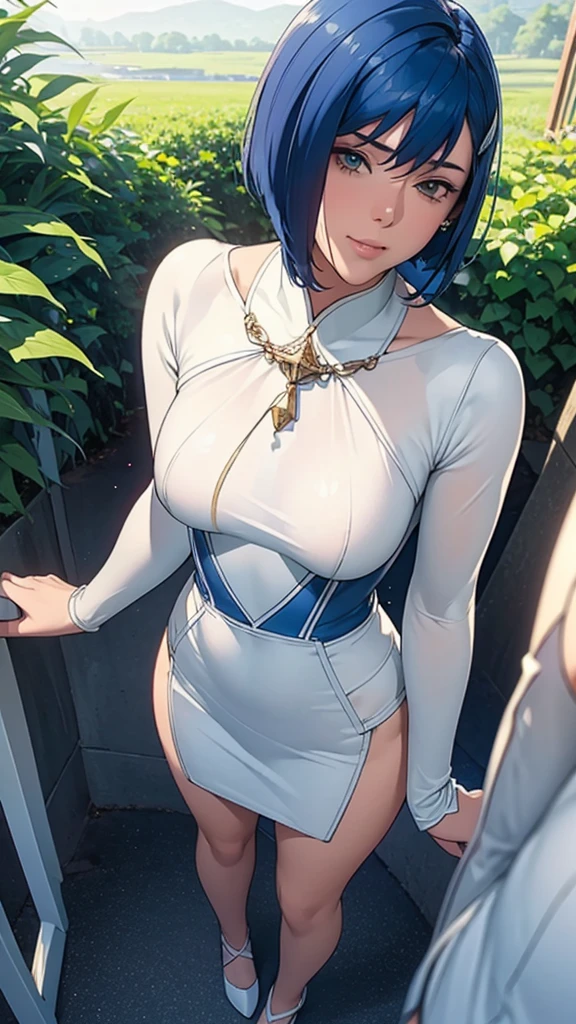 Best quality, 4k, high resolution, body stuck dress, perfect smile, gorgeous, light skin, (ichigo),blue hair, wearing bodystuck suit, stuck in body, bodyfit outfit,
1 girl, short hair (malt''s haristyle), solo, seductive look, elegance and charm, (masterpiece, best quality, high resolution), looking at the viewer, standing, (intricate and beautiful:1.2), (detailed light:1.2), (soft light, side light), (high resolution textures) , holding leash in hand(chain leash), outdoor, Burmese girl,wearing bodfit outfit(white colour) with blue line ,wearing gorgeous jewelary, wearing harness over the outfit ,outdoor background, sun light, attractive, sexy, mature and hot, young,(masterpiece:1.3), (disorganized:1.3), (highest quality:1.3), perfect anatomy, detailed face, front angle, perfect right hands, looking at viewer, (Super detailed:1.3), (best shadow:0.7), (treated hair), fine eyes, beautiful eyes, young aged woman, alone, standing, crystal earrings,closed_mouth, arm_behind_ rest outdoors,Thick thighs, arrogant face, small 