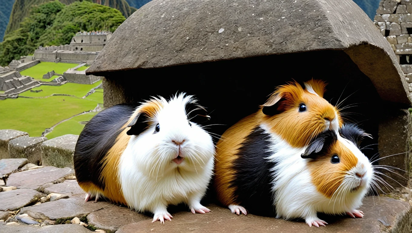 its tornado season, photo of fluffy guinea pigs seeking shelter from the heavy wind of Machu Picchu, funny, chaotik, award winning masterpiece, hilarious 