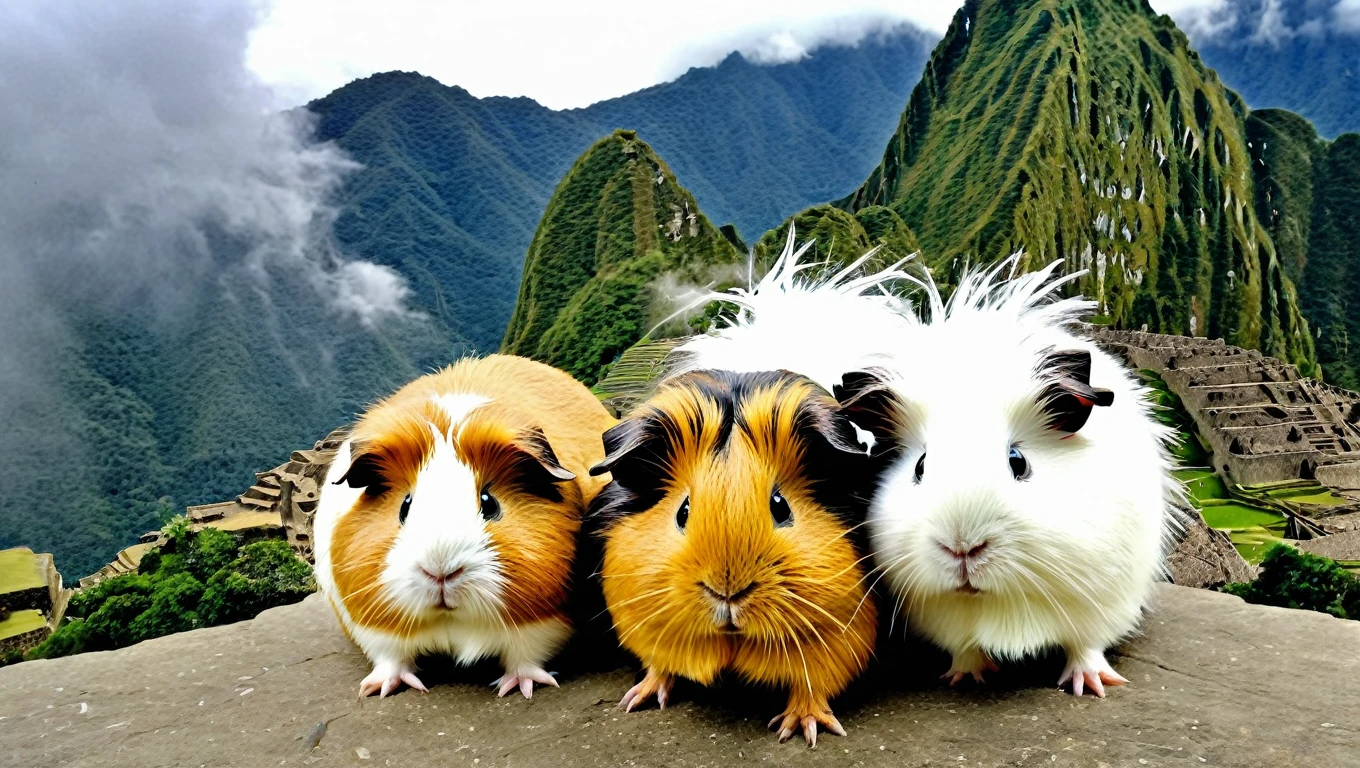 its tornado season, photo of fluffy guinea pigs seeking shelter from the heavy wind of Machu Picchu, funny, chaotik, award winning masterpiece, hilarious 
