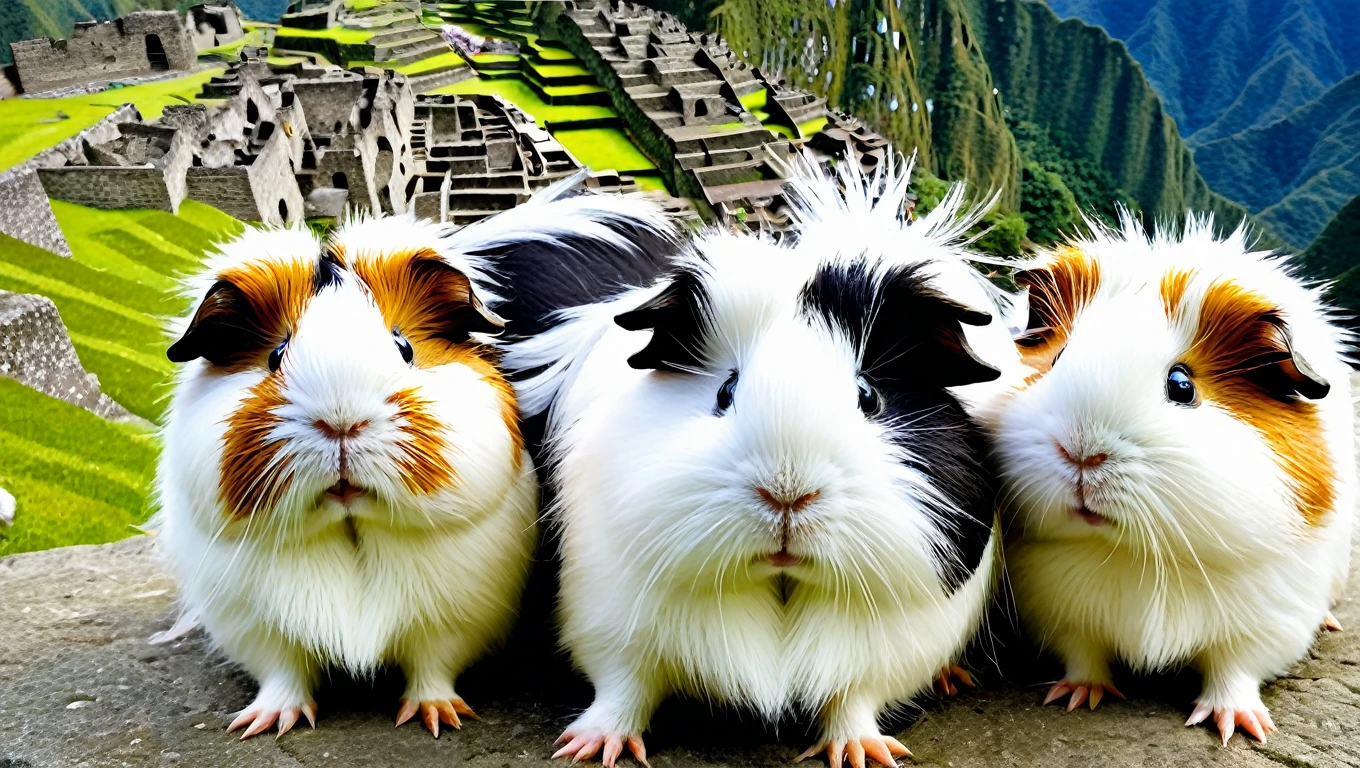 its tornado season, photo of fluffy guinea pigs seeking shelter from the heavy wind of Machu Picchu, funny, chaotik, award winning masterpiece, hilarious