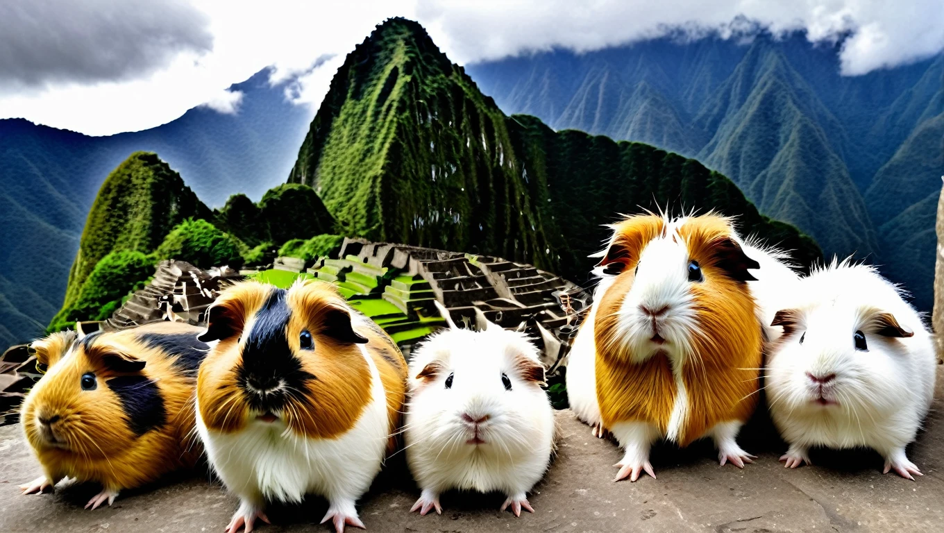 its tornado season, photo of fluffy guinea pigs seeking shelter from the heavy wind of Machu Picchu, funny, chaotik, award winning masterpiece, hilarious