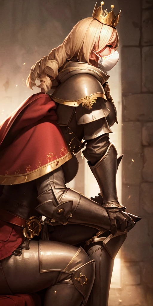 (masterpiece, best quality, absurdness, 4k, aesthetic, detailed, intricate, perfect lighting) cinematic angle, 1sologirl, sitting on throne, elbow rest, castle interior, mask, hood, cape, belt, armor, cloak, red gloves gauntlets, bkcrown