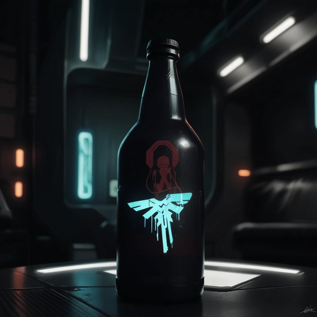 One bottle in the picture.A bottle of cyber beer presented in cyberpunk style, with characteristic elements: smooth, matte coating, decorated with bright neon luminous inserts. Design includes digital pixel patterns and abstract graphic elements, creating the effect of digital disruption and the future of the technological world. The main color of the bottle is deep purple, red, orange or green. This combination gives the product a unique cyberpunk style and modern look..
Bottle with holographic labels, depicting robotic fruits reflecting the taste of the future.