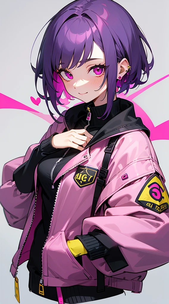 Top Quality, 8K, 4K, High Definition, Detail, (better-quality, 8K, 12), top-quality, 1 girl、only showing her face, she has purple hair, wearing a yellow pin on her right side of her hair, she has her hands together, she looking at you, she is smiling at you, medium breast, her jacket color dark gray with a pink zipper, pink eyes, showing her face and chesat, short hair long as her neck, (only showing half of her body) her jacket is loose. she is wearing earing only right ear shaped has a heart, she holding kantana that's facing down.