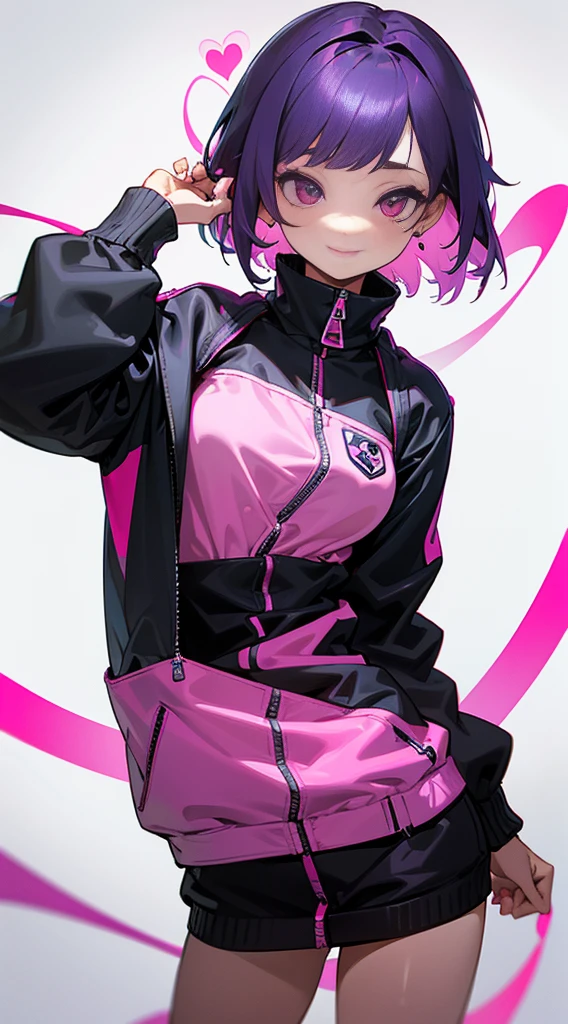 Top Quality, 8K, 4K, High Definition, Detail, (better-quality, 8K, 12), top-quality, 1 girl、only showing her face, she has purple hair, wearing a yellow pin on her right side of her hair, she has her hands together, she looking at you, she is smiling at you, medium breast, her jacket color dark gray with a pink zipper, pink eyes, showing her face and chesat, short hair long as her neck, (only showing half of her body) her jacket is loose. she is wearing earing only right ear shaped has a heart, she holding kantana that's facing down.