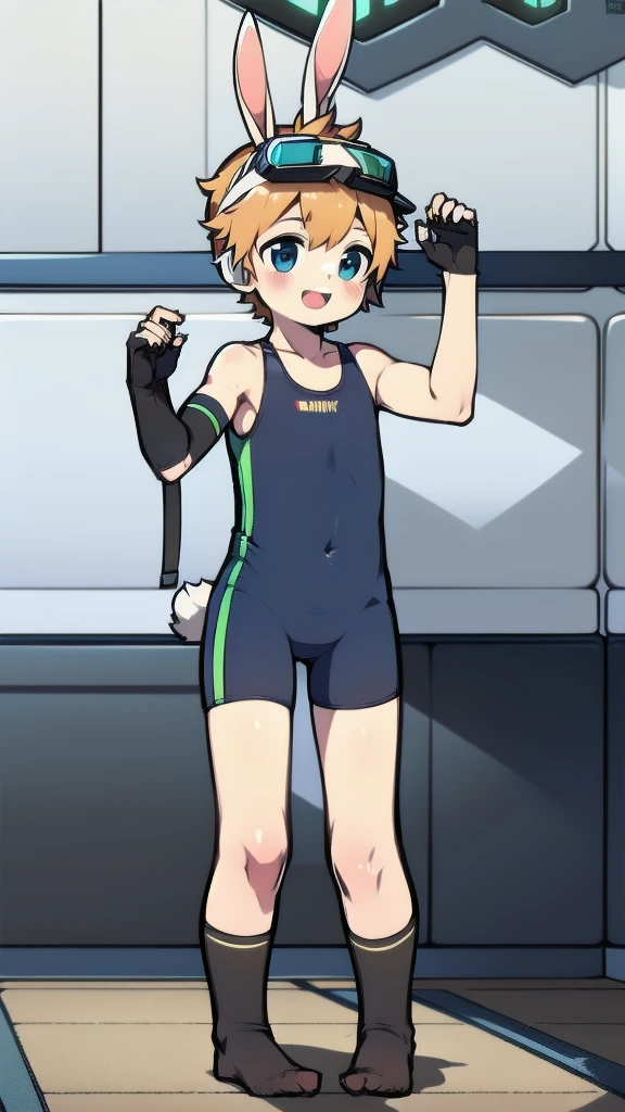 ((A young boy)),(Youthful feeling),one-piece swimsuit,Goggles,Fingerless gloves,Cotton socks,Short sleeve,stand up,happy,Rabbit ears,Rabbit Tail