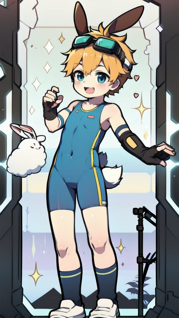 ((A young boy)),(Youthful feeling),one-piece swimsuit,Goggles,Fingerless gloves,Cotton socks,Short sleeve,stand up,happy,Rabbit ears,Rabbit Tail