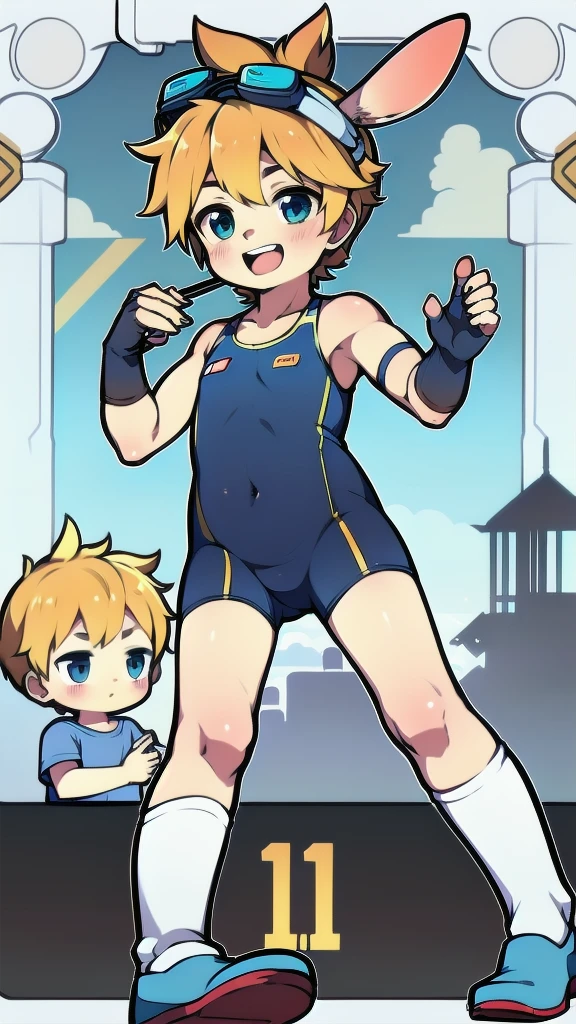 ((A young boy)),(Youthful feeling),one-piece swimsuit,Goggles,Fingerless gloves,Cotton socks,Short sleeve,stand up,happy,Rabbit ears,Rabbit Tail