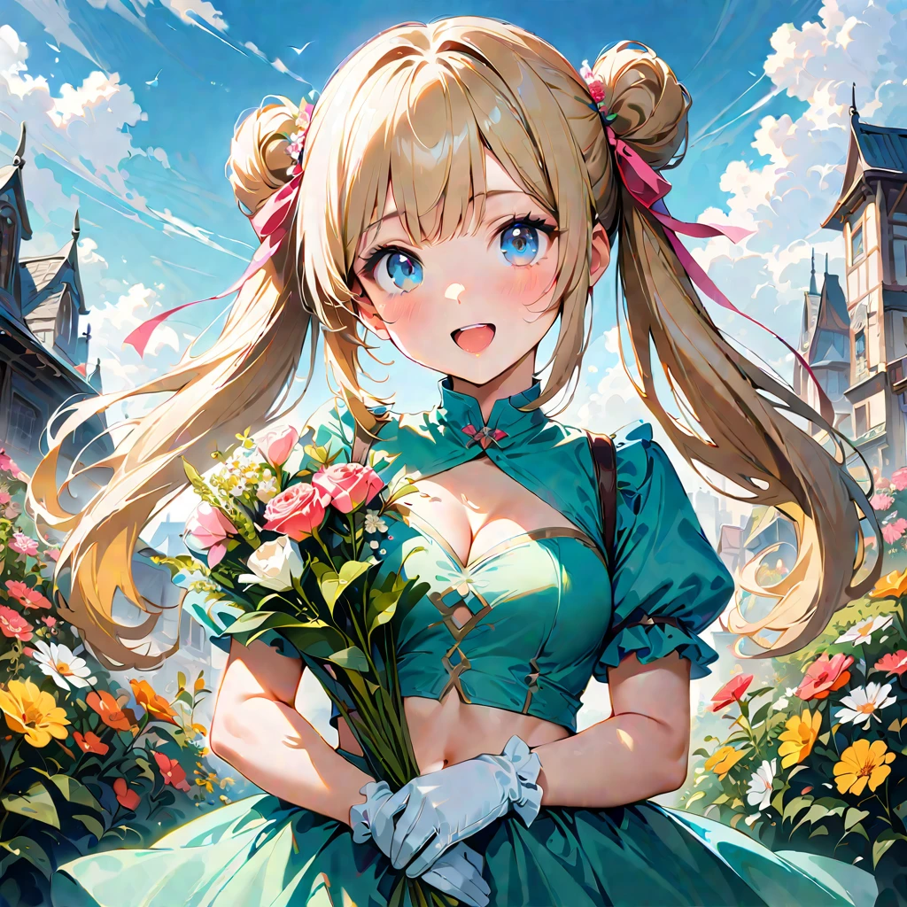 20 years old,1 girl,hyperrealistic, 8k, (extremely detailed 8k), (very delicate and beautiful), (masterpiece), (better quality:1.0), (ultra high resolution:1.0), (masterpiece, best quality), cute,blonde,cleavage cutout,(broen dress:1.3),(crop top navel:1),gleaming skin,twintails,twin bun,a pink ribbon on the head,long hair,pastel green frill Chinese-made dress,white long gloves,hold a bouquet of flowers,face and body straight at the camera,a bunch of flowers,POV,bust shot,white frill,puffy sleeves,surrounded by flowers,laugh with open mouth,tareme,sky blue eyes