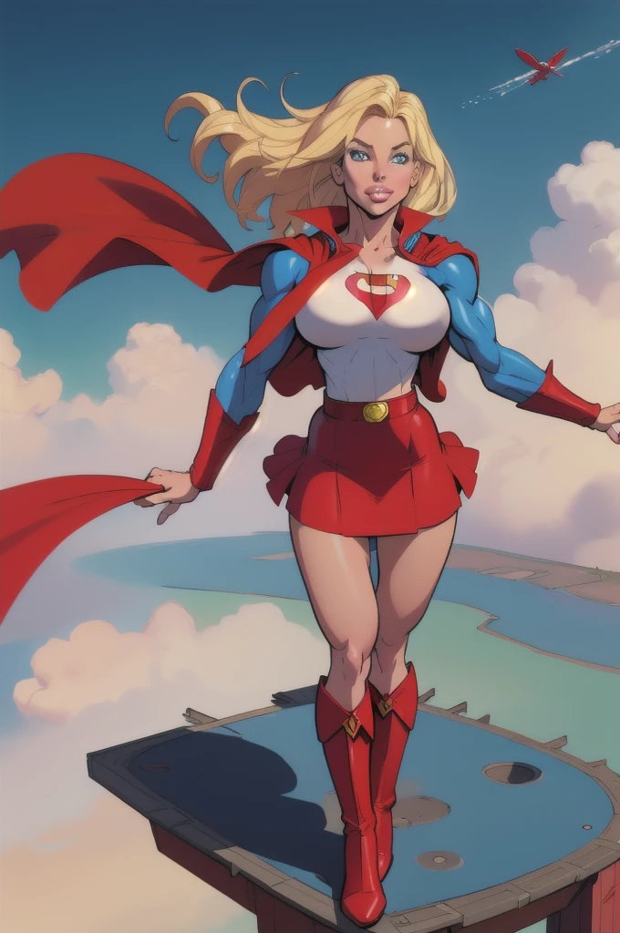 Young female, with blonde hair, wearing a tight blue long-sleeved shirt with the Superman symbol on the chest, defined breasts, wearing a red skirt and red boots, Wearing a red cape and flying in the sky  