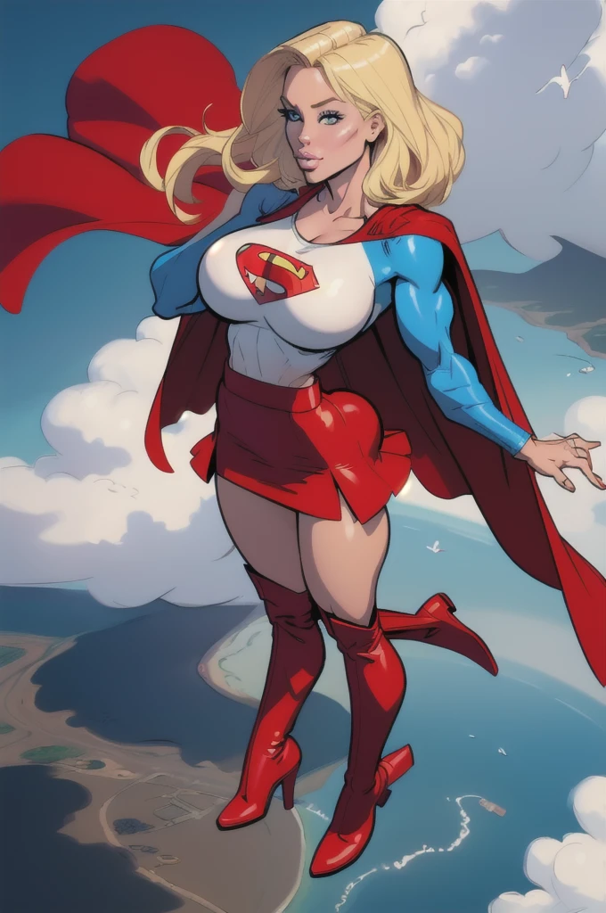 Young female, with blonde hair, wearing a tight blue long-sleeved shirt with the Superman symbol on the chest, defined breasts, wearing a red skirt and red boots, Wearing a red cape and flying in the sky
