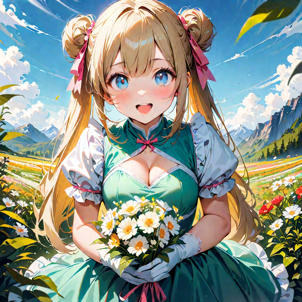 20 years old,1 girl,hyperrealistic, 8k, (extremely detailed 8k), (very delicate and beautiful), (masterpiece), (better quality:1.0), (ultra high resolution:1.0), (masterpiece, best quality), cute,blonde,cleavage cutout,(broen dress:1.3),(crop top navel:1),gleaming skin,twintails,twin bun,a pink ribbon on the head,long hair,pastel green frill Chinese-made dress,white long gloves,hold a bouquet of flowers,face and body straight at the camera,a bunch of flowers,POV,bust shot,white frill,puffy sleeves,surrounded by flowers,laugh with open mouth,tareme,sky blue eyes