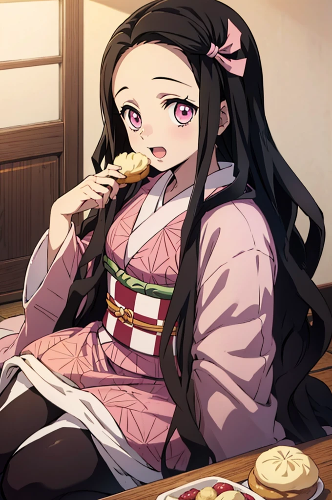 (masterpiece:1.3), (best quality:1.1), (8k, ultra detailed, ultra high res:1.2), ((anime style)), perfect 5 fingers, perfect anatomy, 
1girl,
Kamado Nezuko, 
BREAK long hair, wavy hair,  forehead, 
black hair, 
pink eyes, empty eyes, 
ribbon, 
small breasts,   
BREAK japanese clothes, pink kimono, brown haori, obi, 
smile, 
looking at viewer, 
BREAK upper body, (eating, cream puff:), sitting, wariza, open mouth, 
perfect light, indoor, inside, Japanese-style Room, 