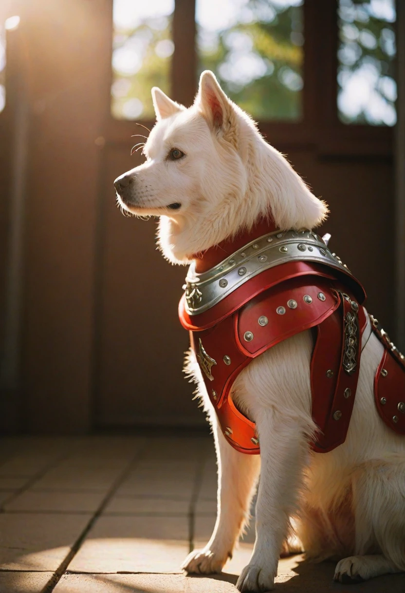 cinematic photography,(Shine has a sword:1.85),White Dog,Red-themed Japanese-style armor,crap,Shine,Twilight Rays,cinematic,Rim Light,Spotlight,Very detailed background,bokeh,hasselblad,70mm,debt/2,35mm,born photo,,cinematic Realism,8K natural light,born,rich,complex,Key Visual,Atmospheric lighting,35mm Photography,bokeh,pro,4K,Very detailed. 35mm Photography,bokeh威嚇している