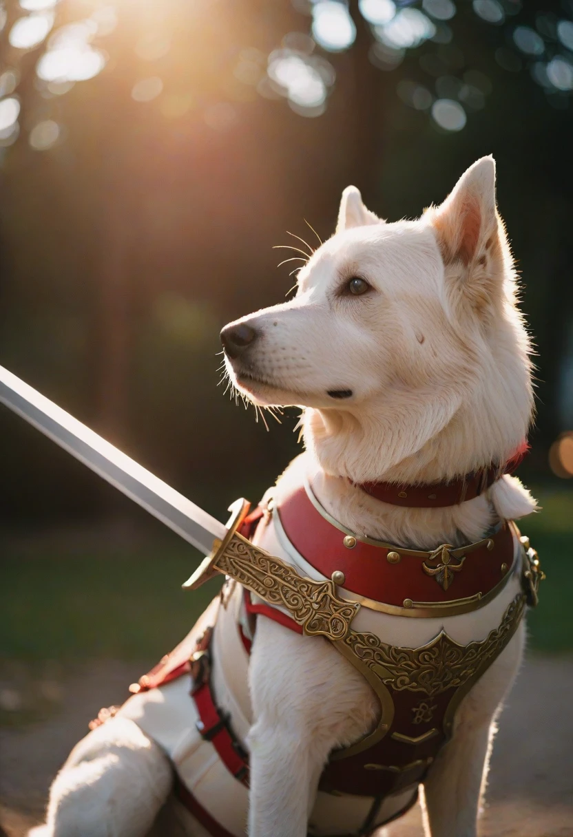 cinematic photography,(Shine has a sword:1.85),White Dog,Red-themed Japanese-style armor,crap,Shine,Twilight Rays,cinematic,Rim Light,Spotlight,Very detailed background,bokeh,hasselblad,70mm,debt/2,35mm,born photo,,cinematic Realism,8K natural light,born,rich,complex,Key Visual,Atmospheric lighting,35mm Photography,bokeh,pro,4K,Very detailed. 35mm Photography,bokeh威嚇している