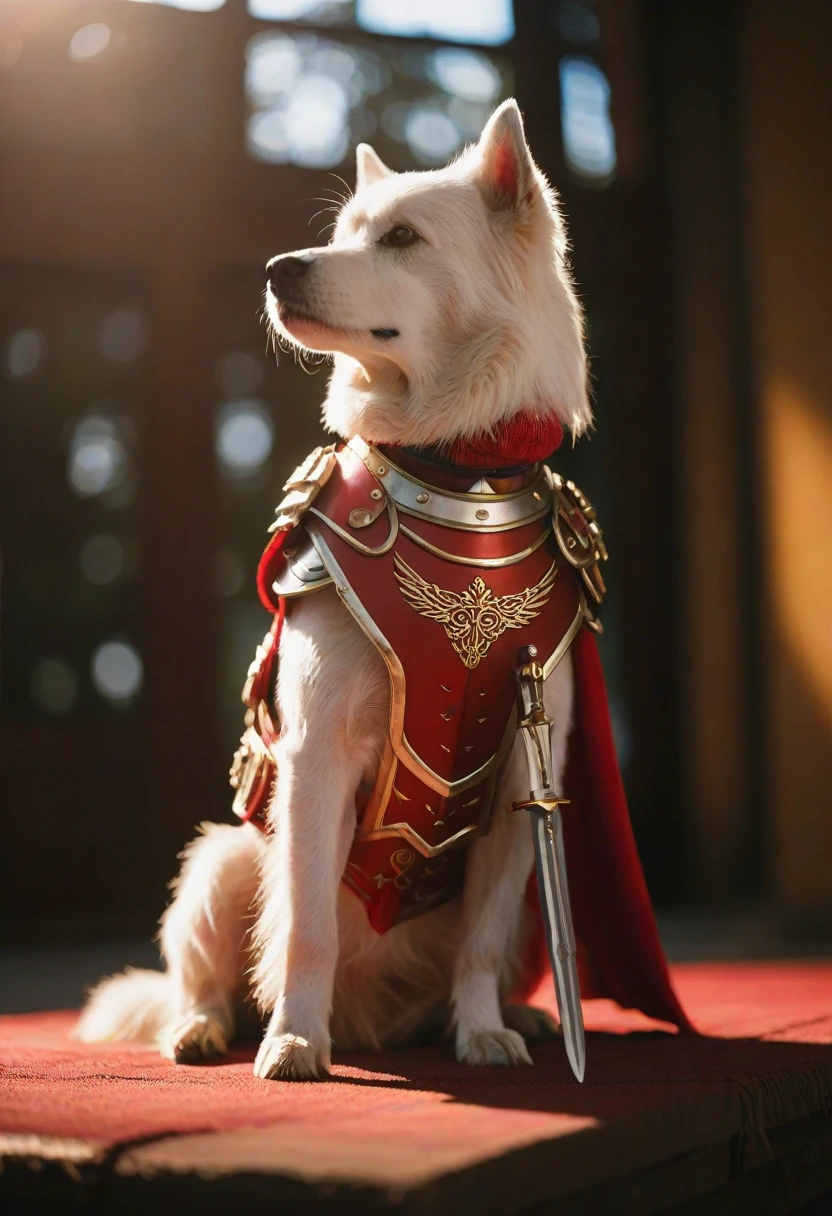 cinematic photography,(Shine has a sword:1.85),White Dog,Red-themed Japanese-style armor,crap,Shine,Twilight Rays,cinematic,Rim Light,Spotlight,Very detailed background,bokeh,hasselblad,70mm,debt/2,35mm,born photo,,cinematic Realism,8K natural light,born,rich,complex,Key Visual,Atmospheric lighting,35mm Photography,bokeh,pro,4K,Very detailed. 35mm Photography,bokeh威嚇している