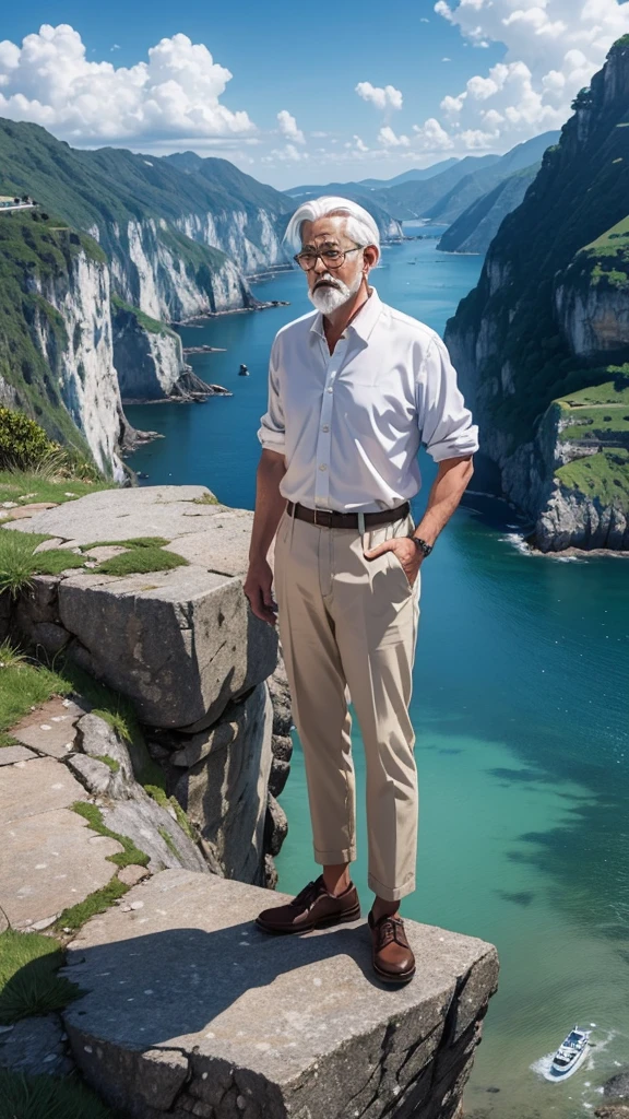 Create a high-quality anime-style image featuring an elderly man standing on a rocky cliff by the sea. The man has white hair, a beard, and is wearing round glasses. He is dressed in a white shirt, beige pants rolled up at the ankles, and white sneakers. His posture is relaxed, with his hands in his pockets, gazing thoughtfully into the distance.
The background consists of a clear blue sky filled with fluffy, white clouds. Below the cliff, there is a calm sea with boats and a small coastal village nestled at the foot of green, mountainous terrain. The scene captures a peaceful, reflective moment, with vibrant colors and detailed shading to emphasize the tranquil and contemplative atmosphere.