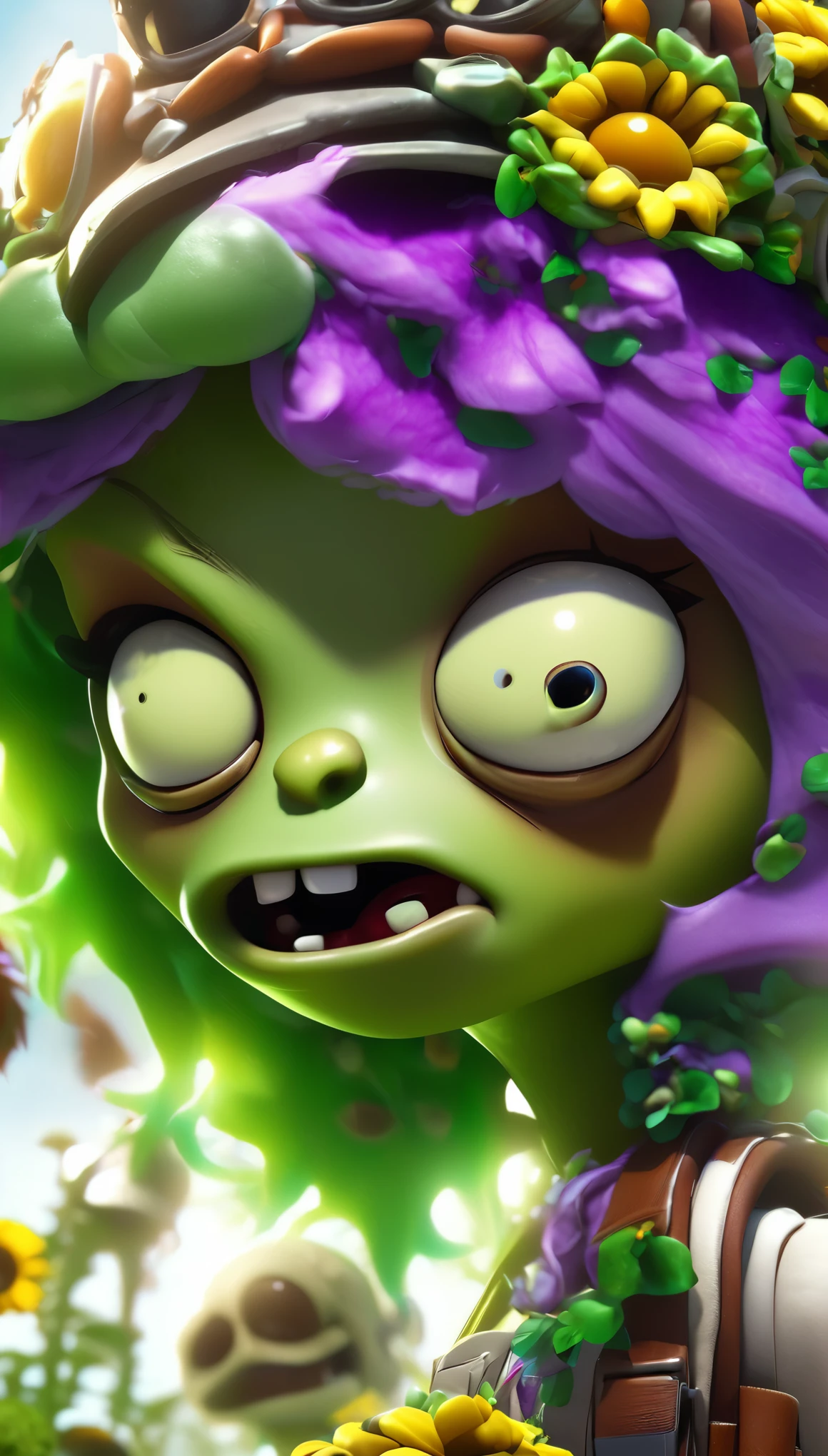 ((1girl, plants vs zombies:1.5)), beautiful detailed eyes, beautiful detailed lips, extremely detailed face and skin, photorealistic, 8k, high quality, digital art, fantasy, vibrant colors, lush garden, intricate details, dynamic composition, cinematic lighting, epic scale, advanced 3d rendering, volumetric fog, particle effects, magical energy, vivid imagination