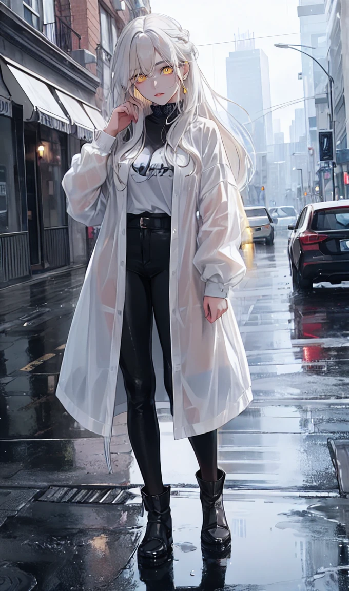 1girl, full body, solo,lips, female focus, yellow eyes, looking at viewer, white hair, long hair, closed mouth, smile, casual clothes, rainy day, wet clothes, street on the background