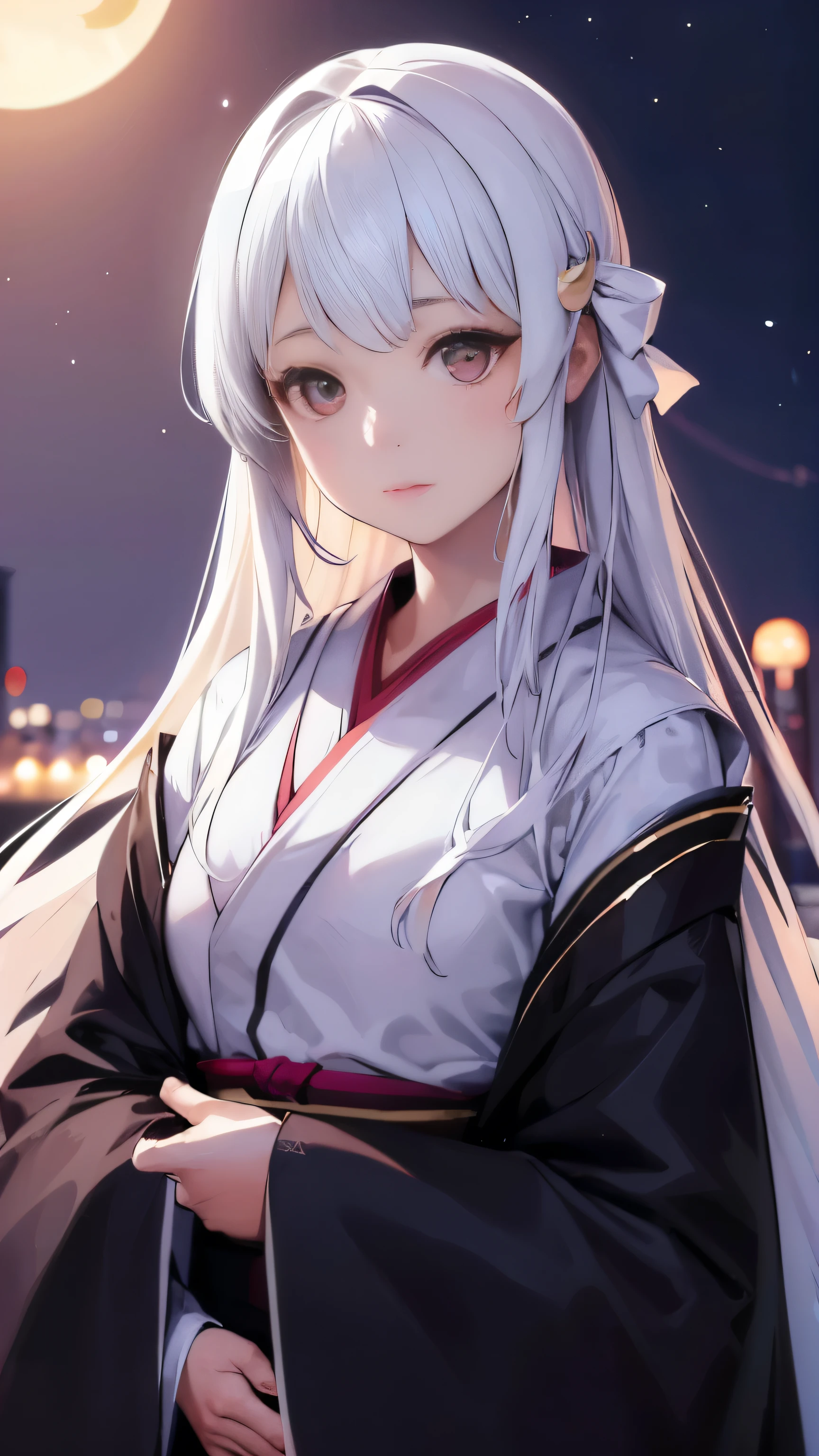 One girl, Beautiful Face, ((White eyes)), Kimono pose, Front facing,Crescent moon in the background, performer, space, (Lightroom:1.13), Soft Light, (Natural skin texture:1.2), (Hyperrealism:1.2), Sharp focus, Concentration,[[Realistic]]