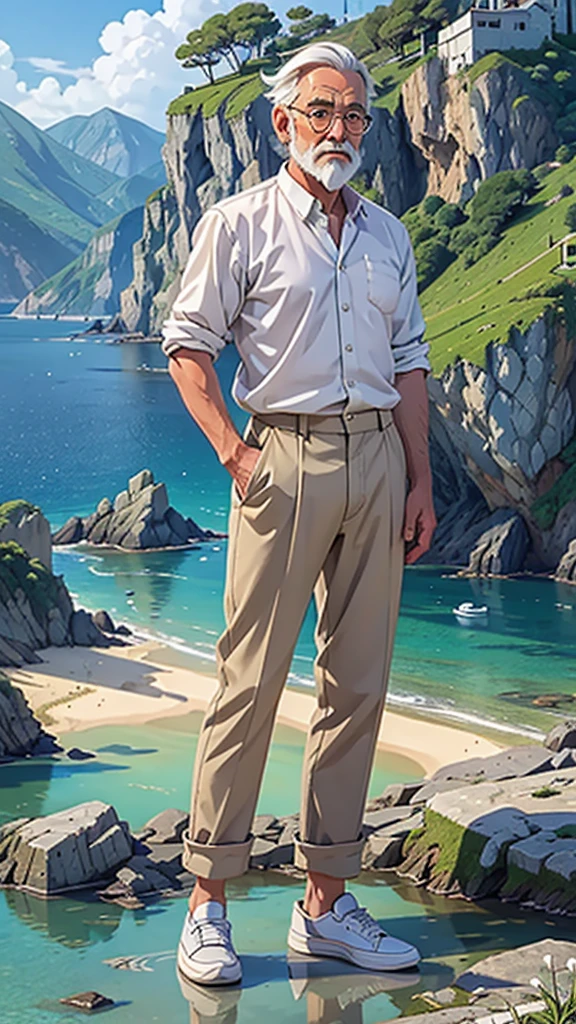 Create a high-quality anime-style image featuring an elderly man standing on a rocky cliff by the sea. The man has white hair, a beard, and is wearing round glasses. He is dressed in a white shirt, beige pants rolled up at the ankles, and white sneakers. His posture is relaxed, with his hands in his pockets, gazing thoughtfully into the distance.

The background consists of a clear blue sky filled with fluffy, white clouds. Below the cliff, there is a calm sea with boats and a small coastal village nestled at the foot of green, mountainous terrain. The scene captures a peaceful, reflective moment, with vibrant colors and detailed shading to emphasize the tranquil and contemplative atmosphere.