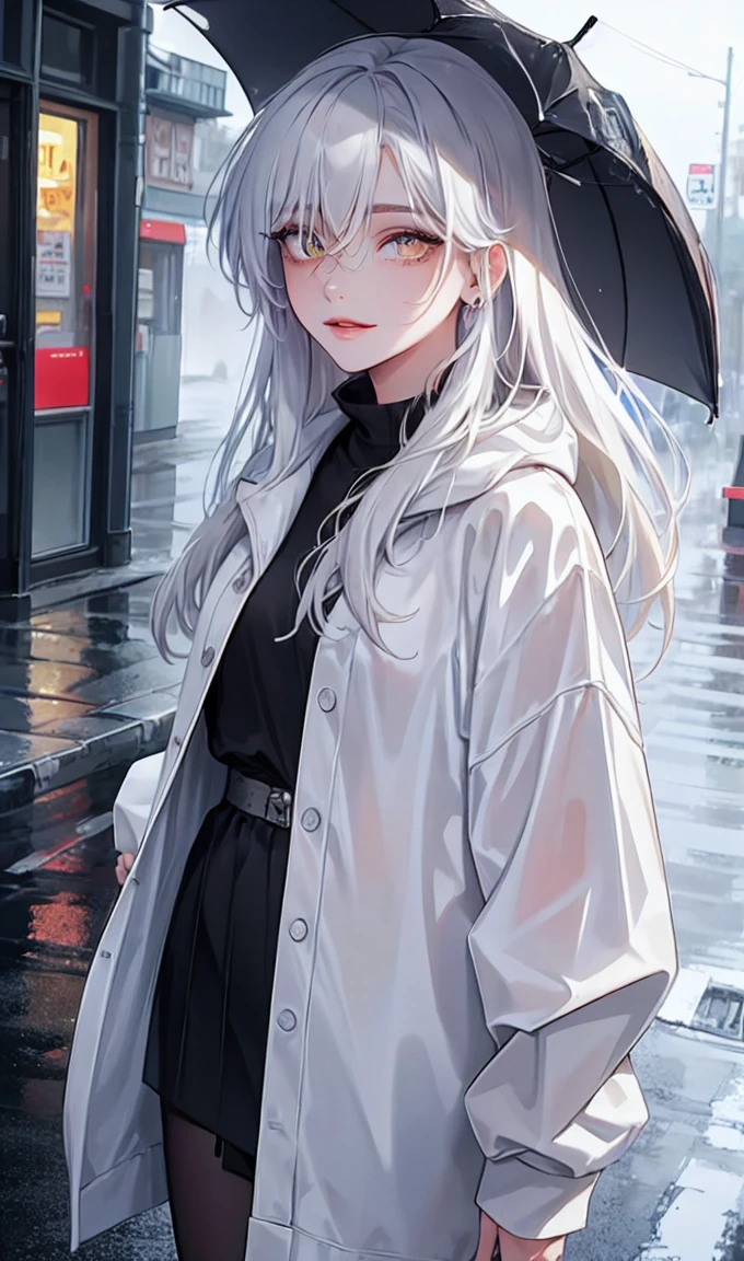1girl, solo,lips, female focus, yellow eyes, looking at viewer, white hair, long hair, closed mouth, smile, casual clothes, rainy day, wet clothes, street on the background