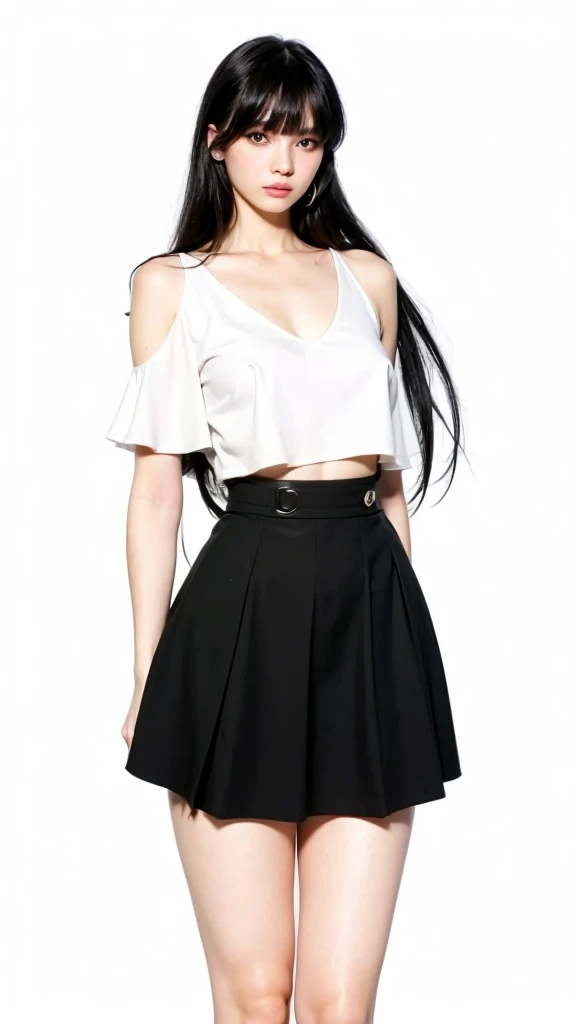 1 girl, long hair, black hair color, black eyes color, white suit, black mini skirt, beautiful girl, adult girl, sexy girl, realistic, ultra detail, 80 mn lens